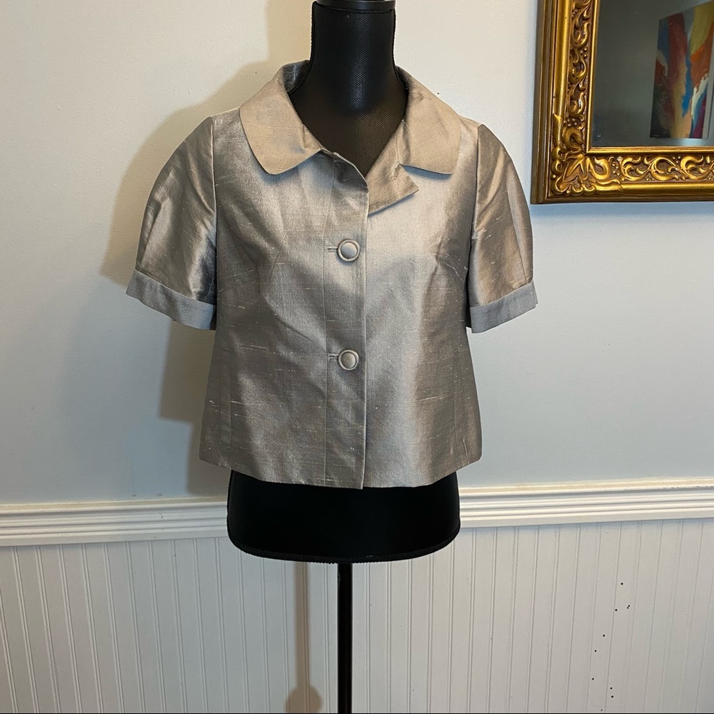 Ann Taylor Loft Womens Cropped Evening Jacket Petite 8 Silver Short Sleeves